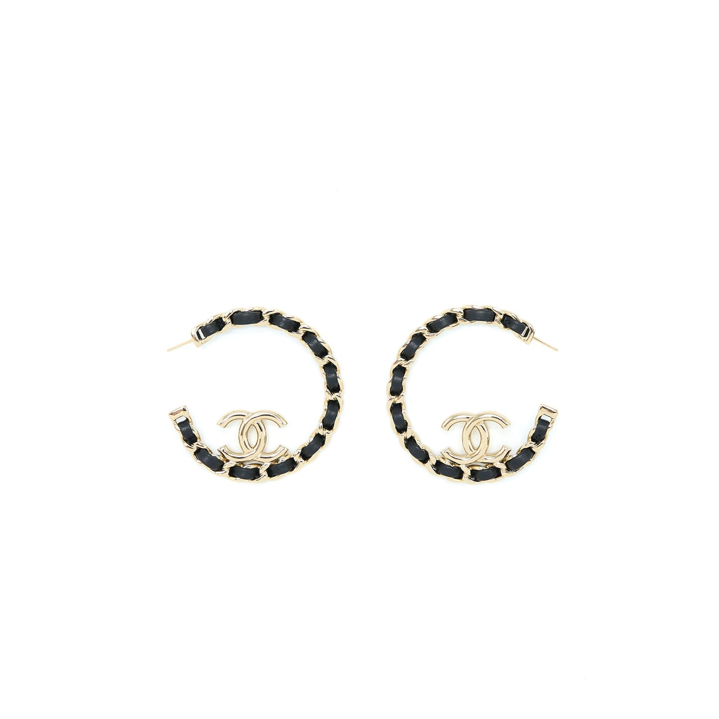Chanel 22P Round CC With Black Leather Earrings Light Gold Tone