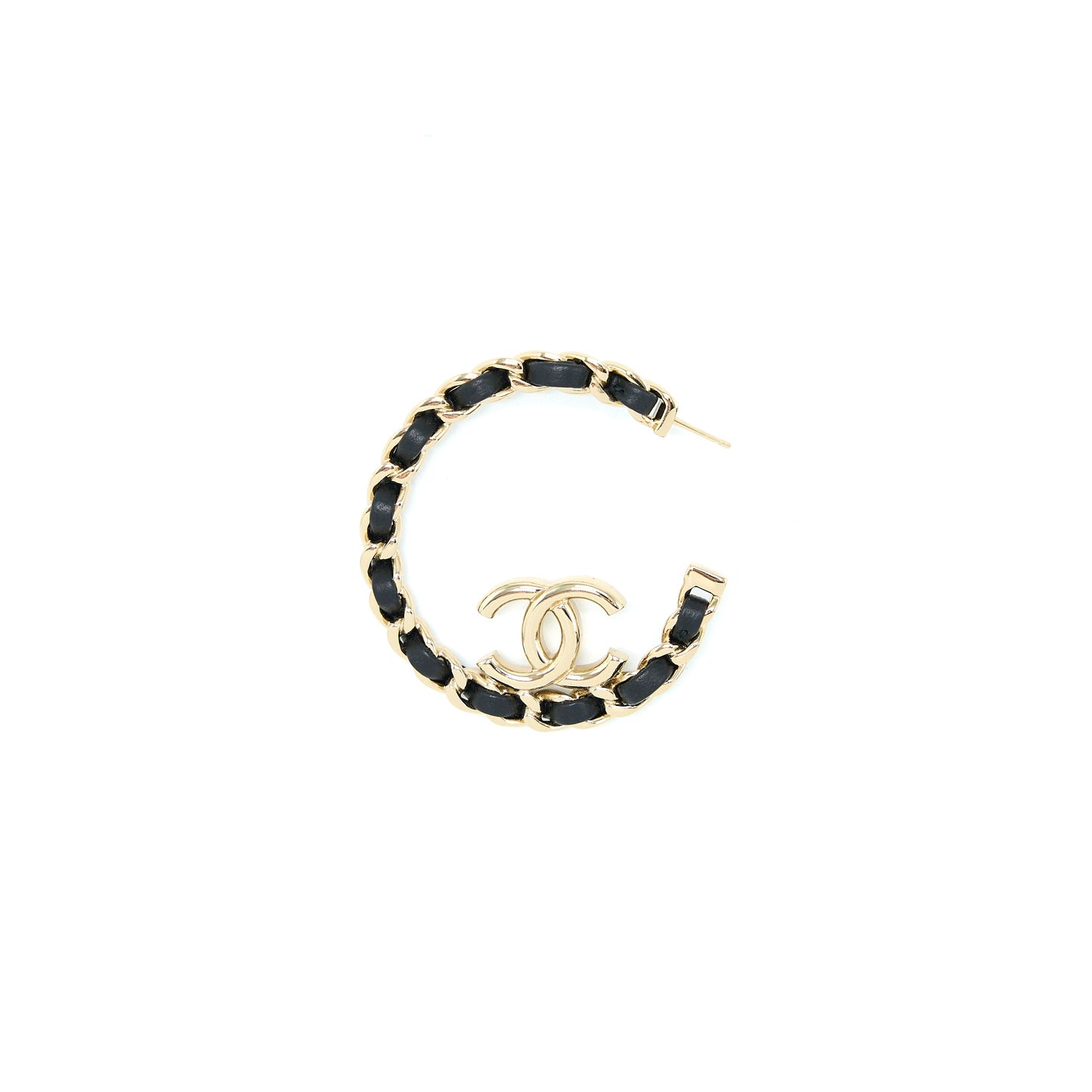 Chanel 22P Round CC With Black Leather Earrings Light Gold Tone