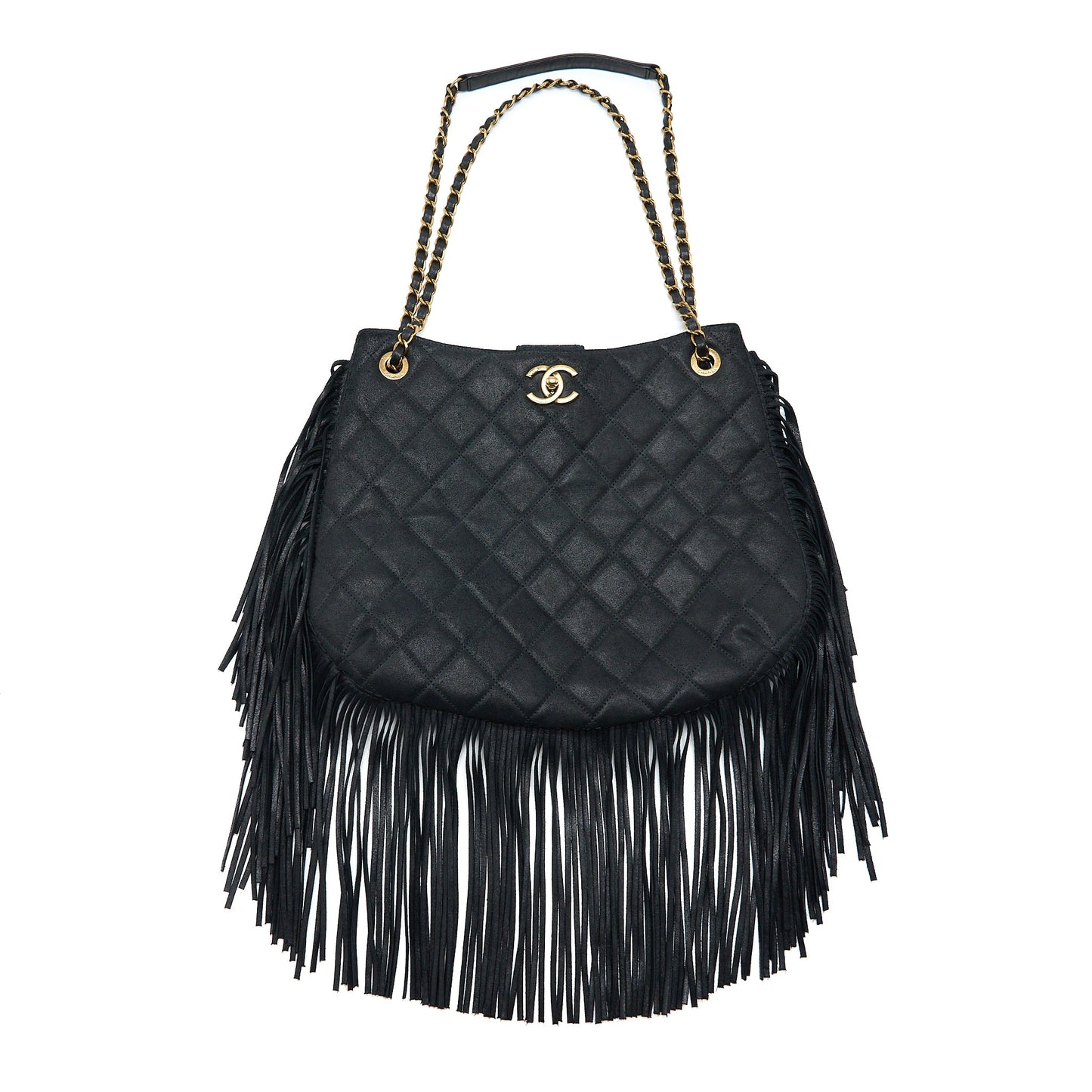 Chanel Tassel Hobo Bag Fringed Shiny Calfskin Black Brushed