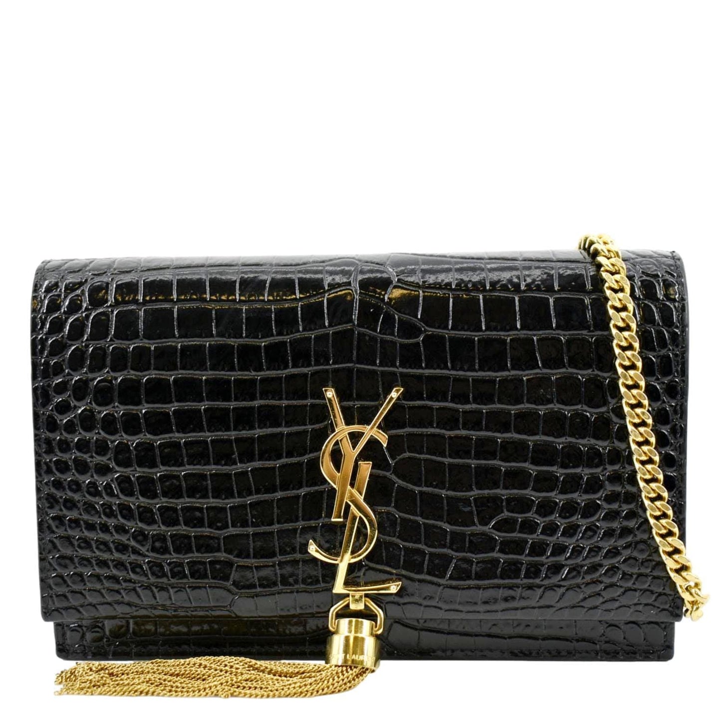 YVES SAINT LAURENT Kate Crocodile Embossed Patent Leather Shoulder Bag Black