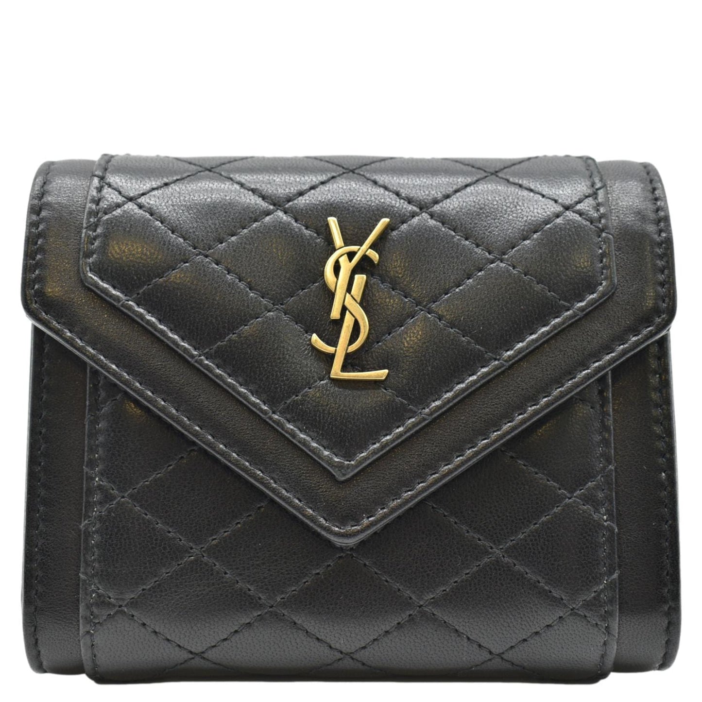 YVES SAINT LAURENT Gaby Compact Tri Fold Small Quilted Leather Wallet Black