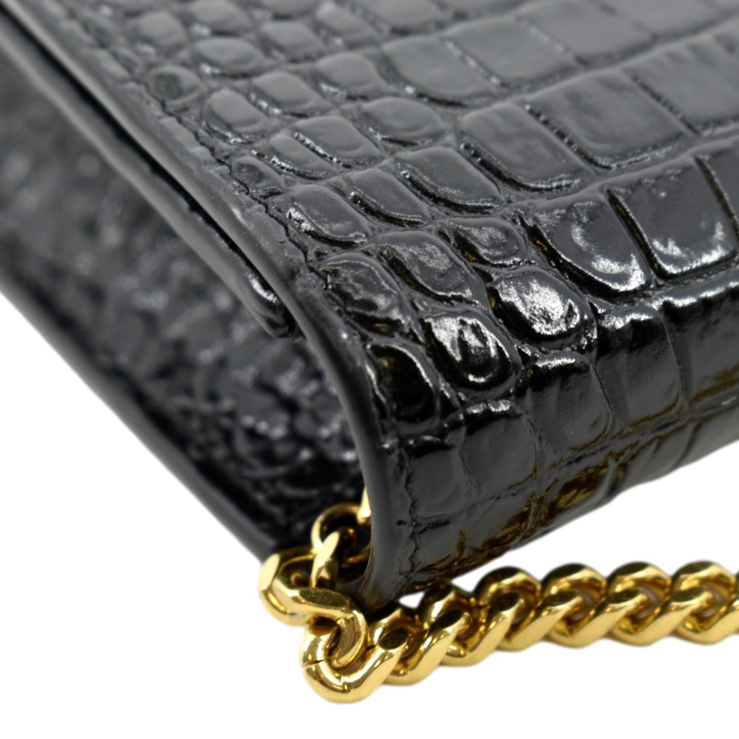 YVES SAINT LAURENT Kate Crocodile Embossed Patent Leather Shoulder Bag Black