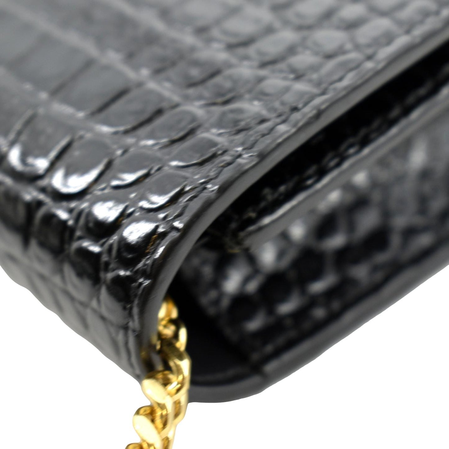 YVES SAINT LAURENT Kate Crocodile Embossed Patent Leather Shoulder Bag Black