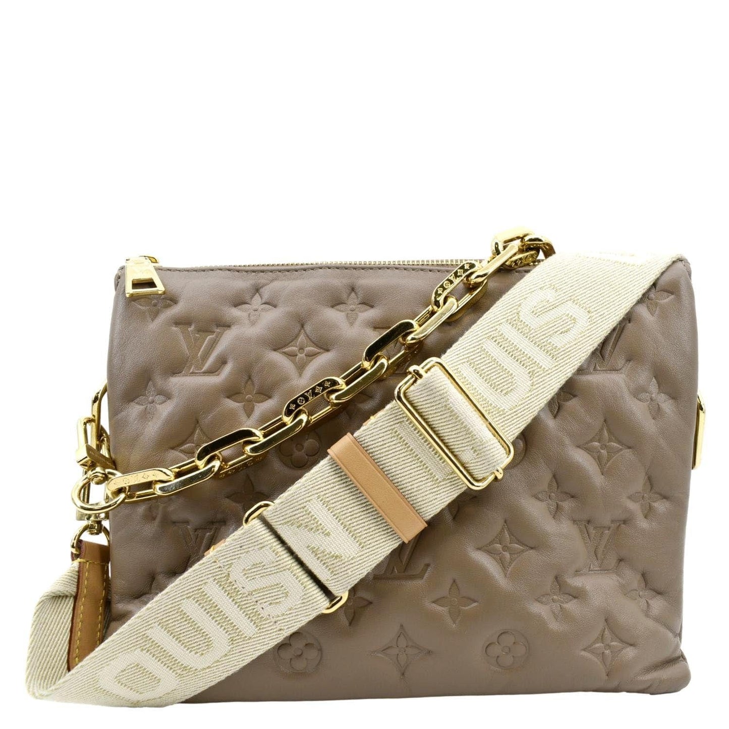 LOUIS VUITTON Coussin MM Monogram Embossed Shoulder Bag Taupe