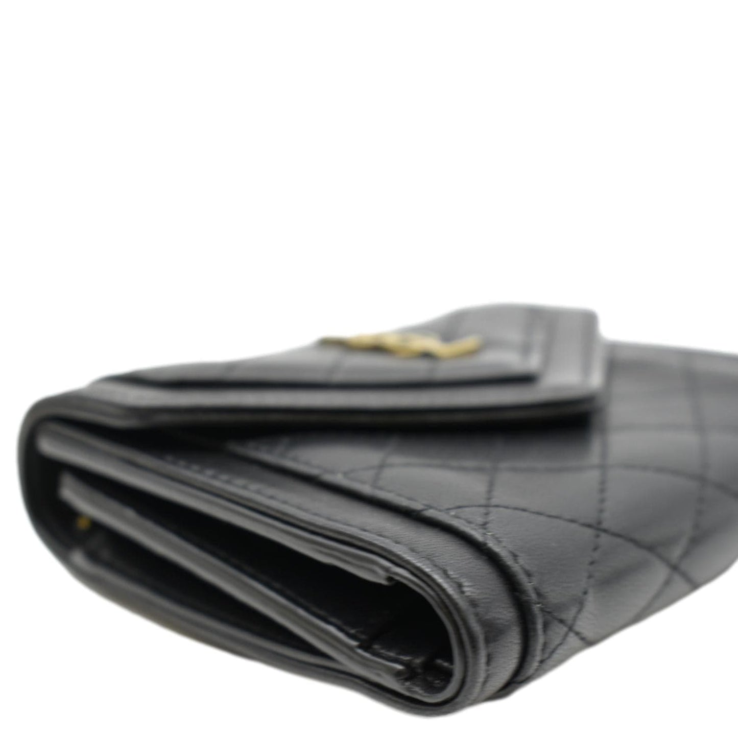 YVES SAINT LAURENT Gaby Compact Tri Fold Small Quilted Leather Wallet Black