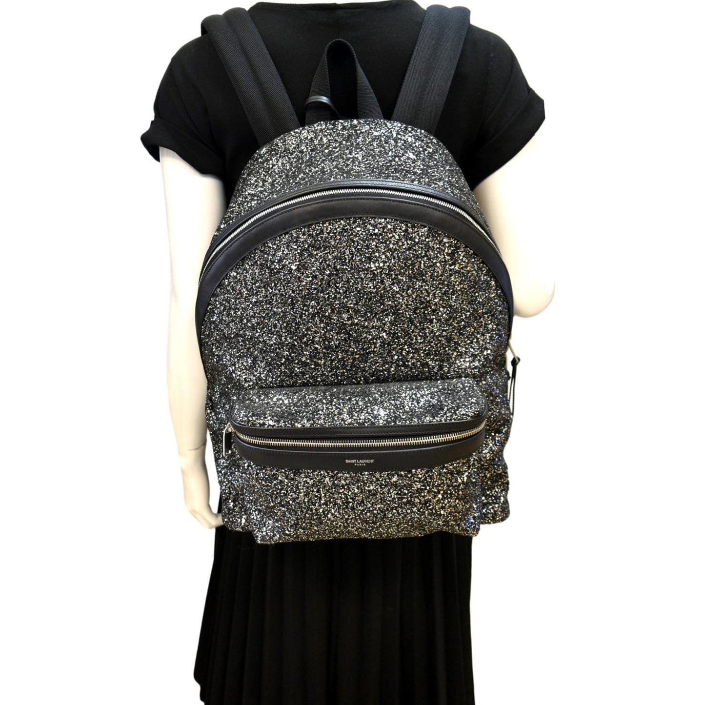 YVES SAINT LAURENT City Glitter Canvas Backpack Bag Black