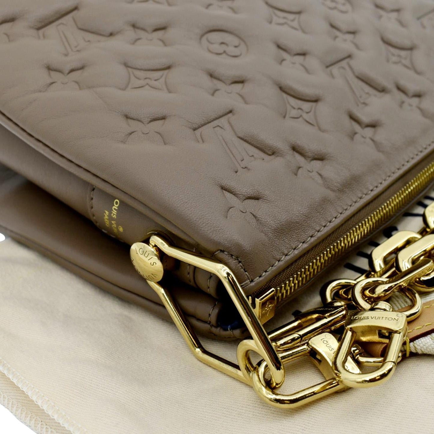 LOUIS VUITTON Coussin MM Monogram Embossed Shoulder Bag Taupe