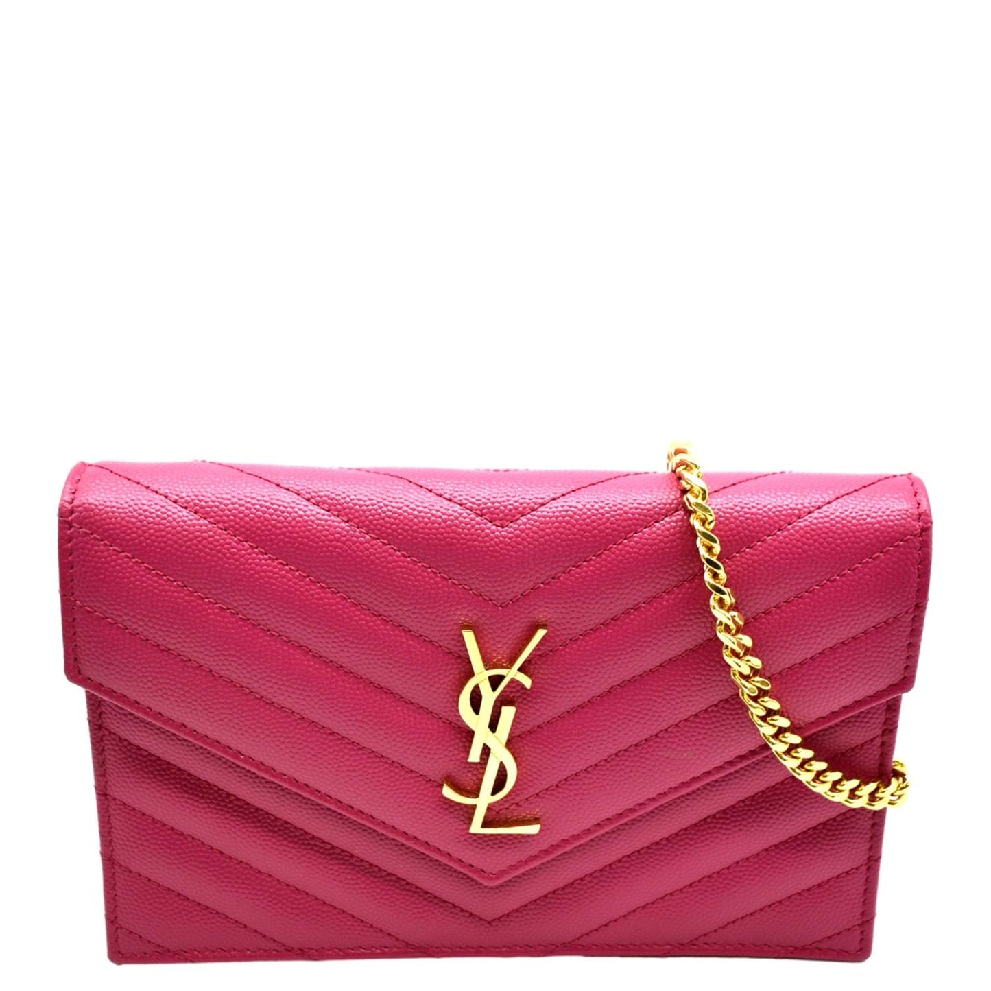 YVES SAINT LAURENT Cassandre Grain De Poudre Embossed Chain Envelope Bag Fuchsia