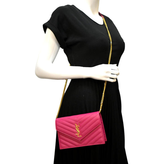 YVES SAINT LAURENT Cassandre Grain De Poudre Embossed Chain Envelope Bag Fuchsia
