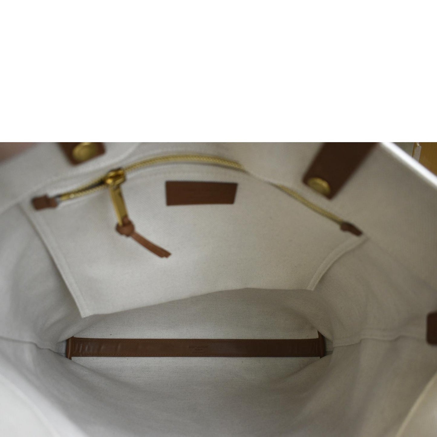 YVES SAINT LAURENT North South Foldable Canvas Smooth Leather Shoulder Bag Naturel