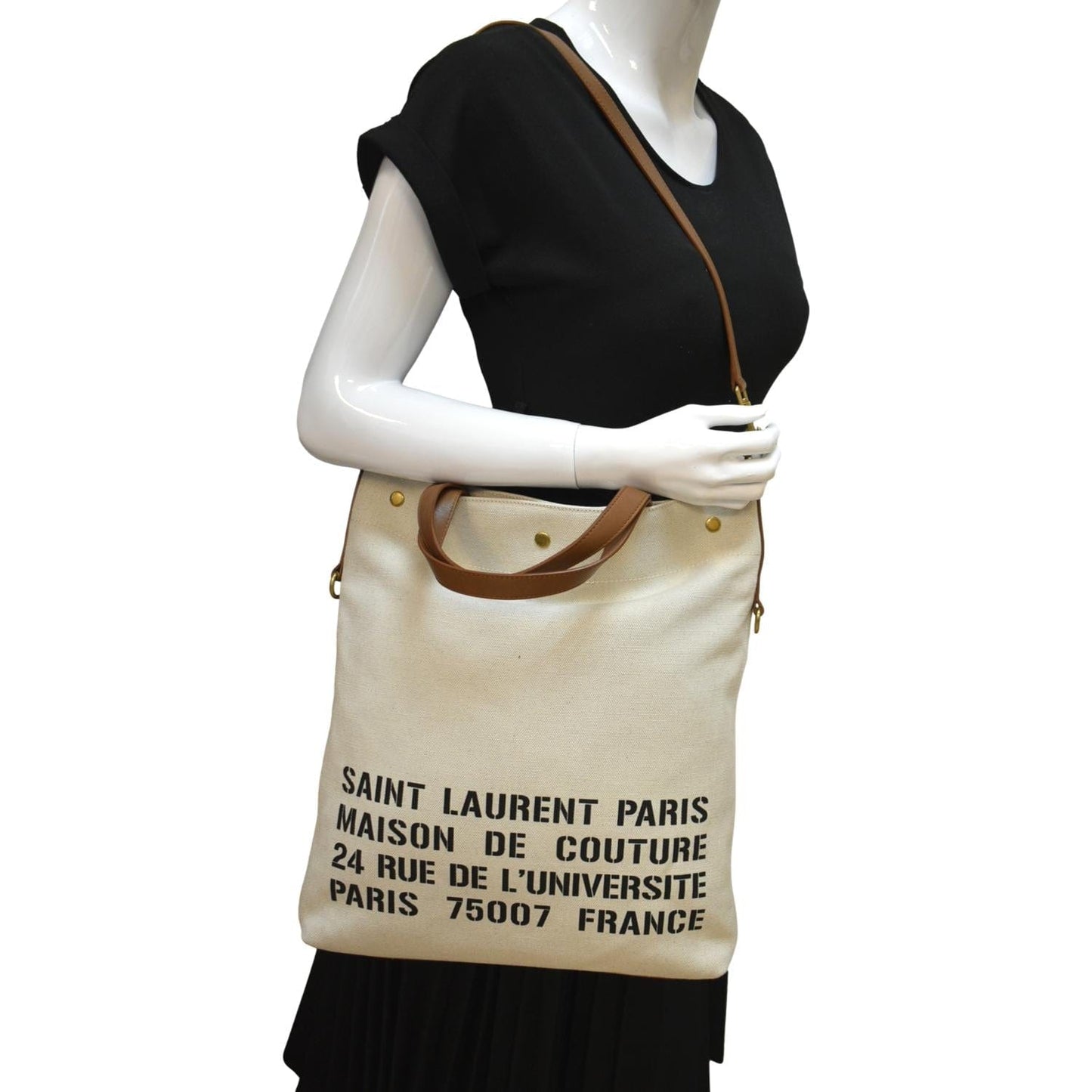 YVES SAINT LAURENT North South Foldable Canvas Smooth Leather Shoulder Bag Naturel