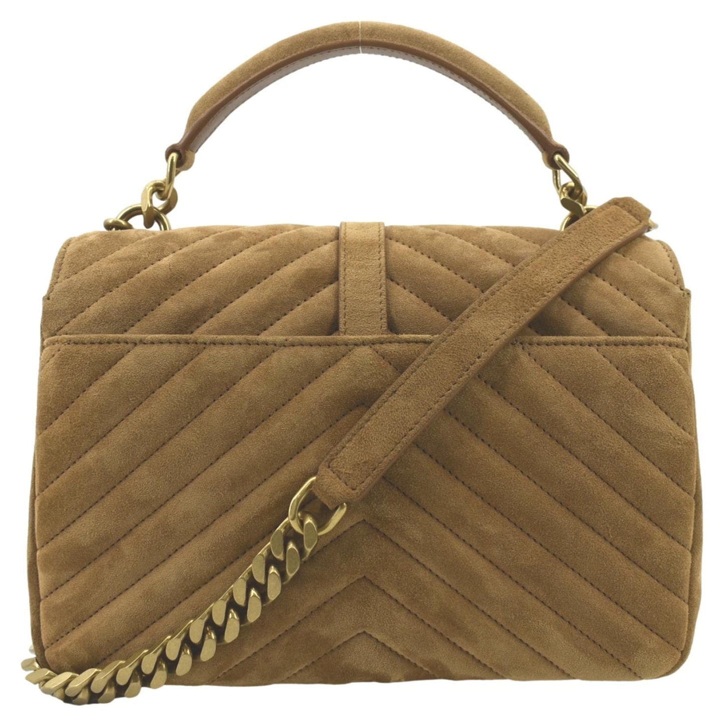YVES SAINT LAURENT College Chevron Suede Shoulder Chain Bag Camel