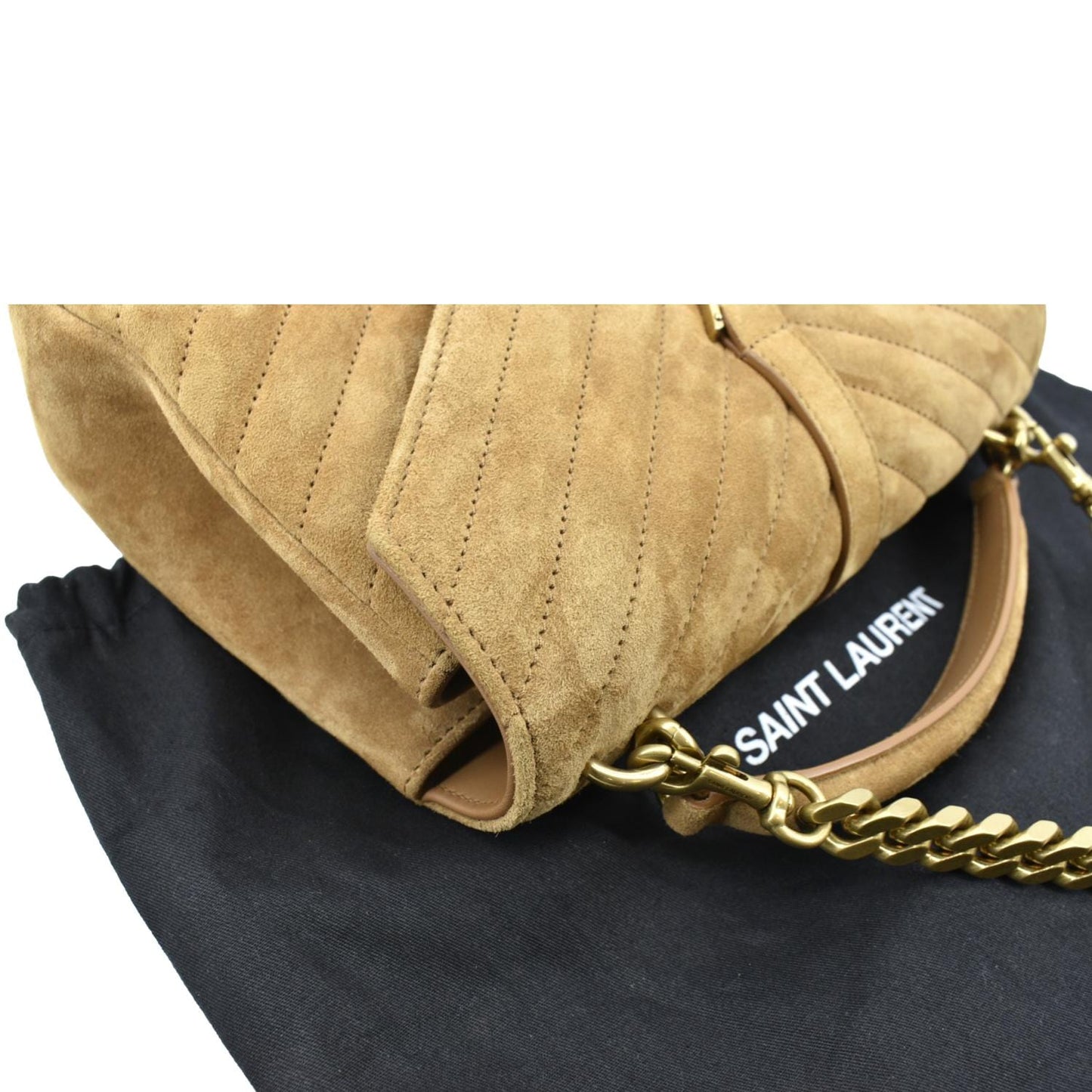 YVES SAINT LAURENT College Chevron Suede Shoulder Chain Bag Camel