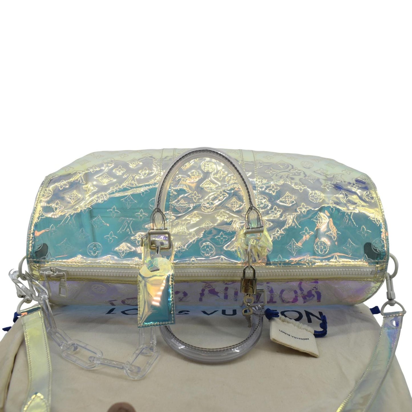 LOUIS VUITTON Keepall Bandouliere Embossed Monogram PVC Prism Travel Bag Iridescent