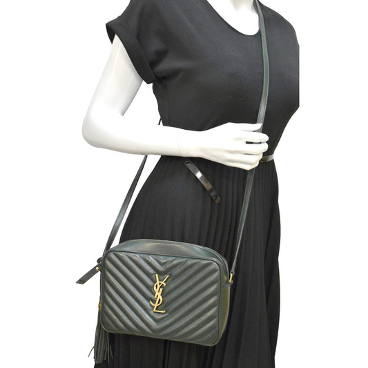YVES SAINT LAURENT Lou Chevron Leather Camera Crossbody Bag Green