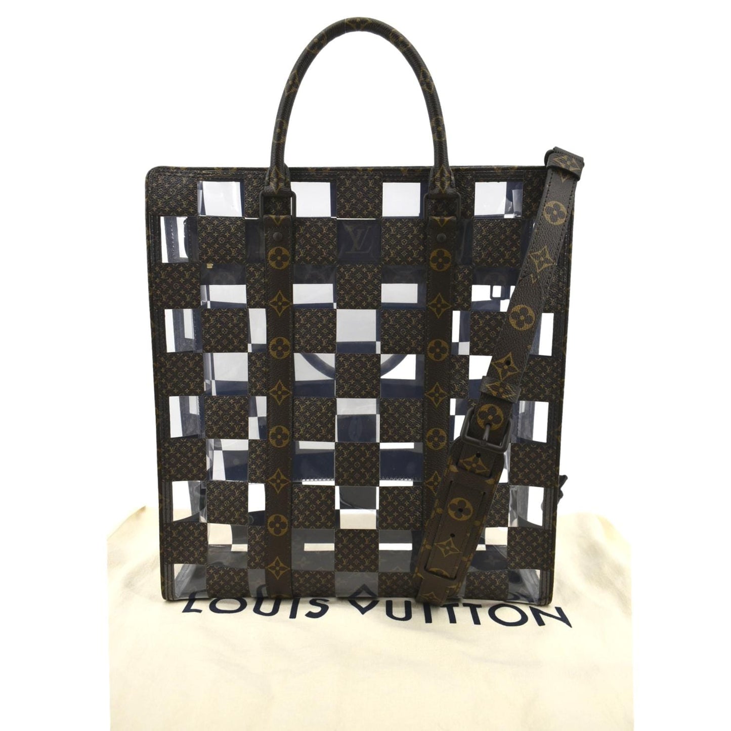 LOUIS VUITTON Sac Plat Chess PVC Monogram Coated Canvas Tote Shoulder Bag Brown