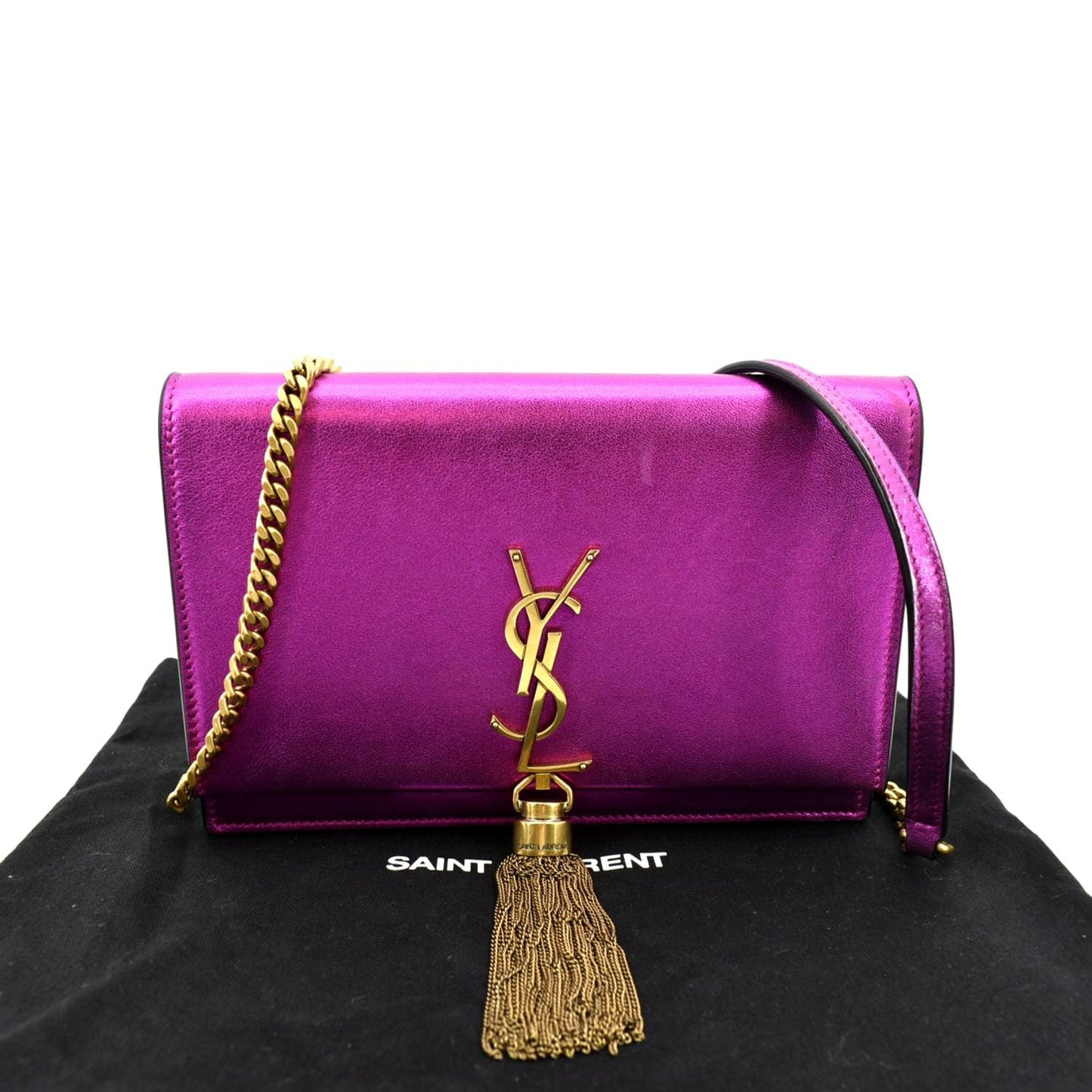 YVES SAINT LAURENT Kate Tassel Leather Wallet on Chain Bag Metallic Purple