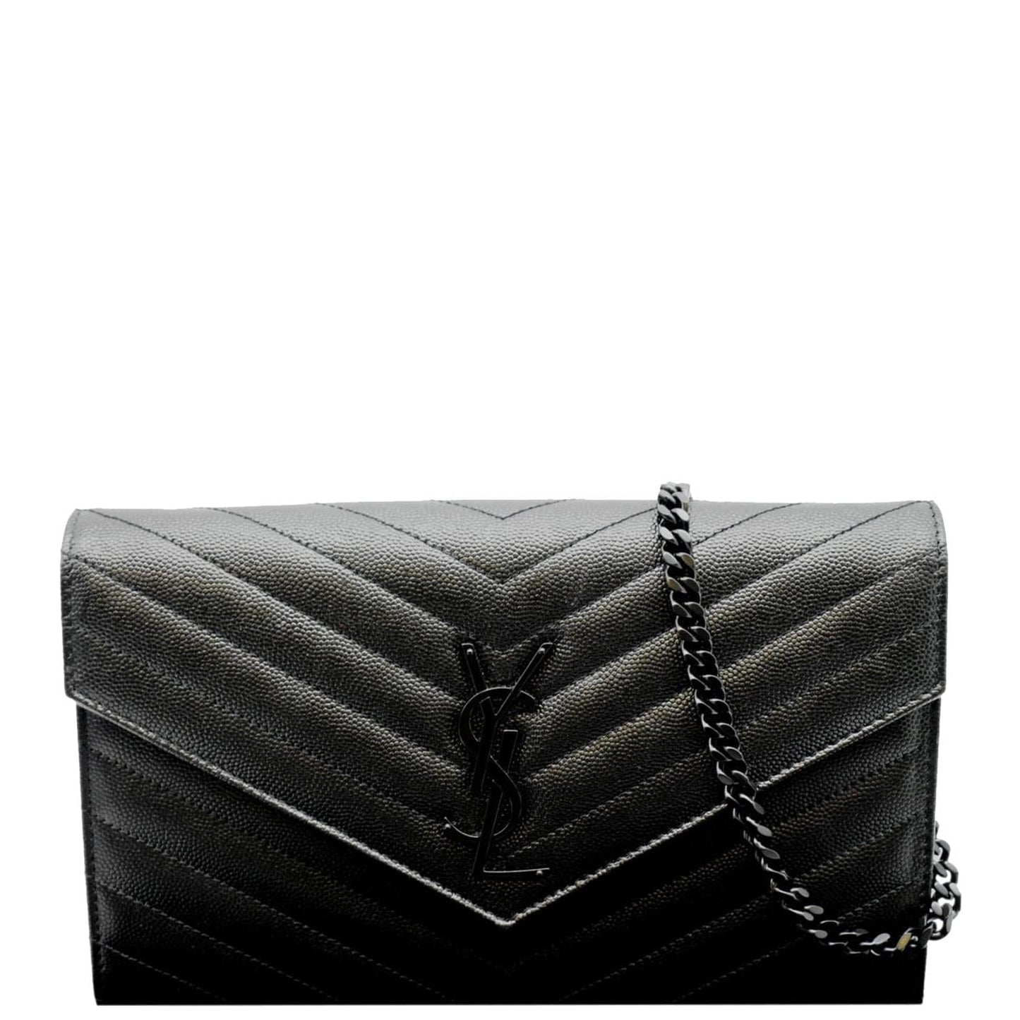 YVES SAINT LAURENT Cassandra Grain De Poudre Embossed Chain Wallet Black