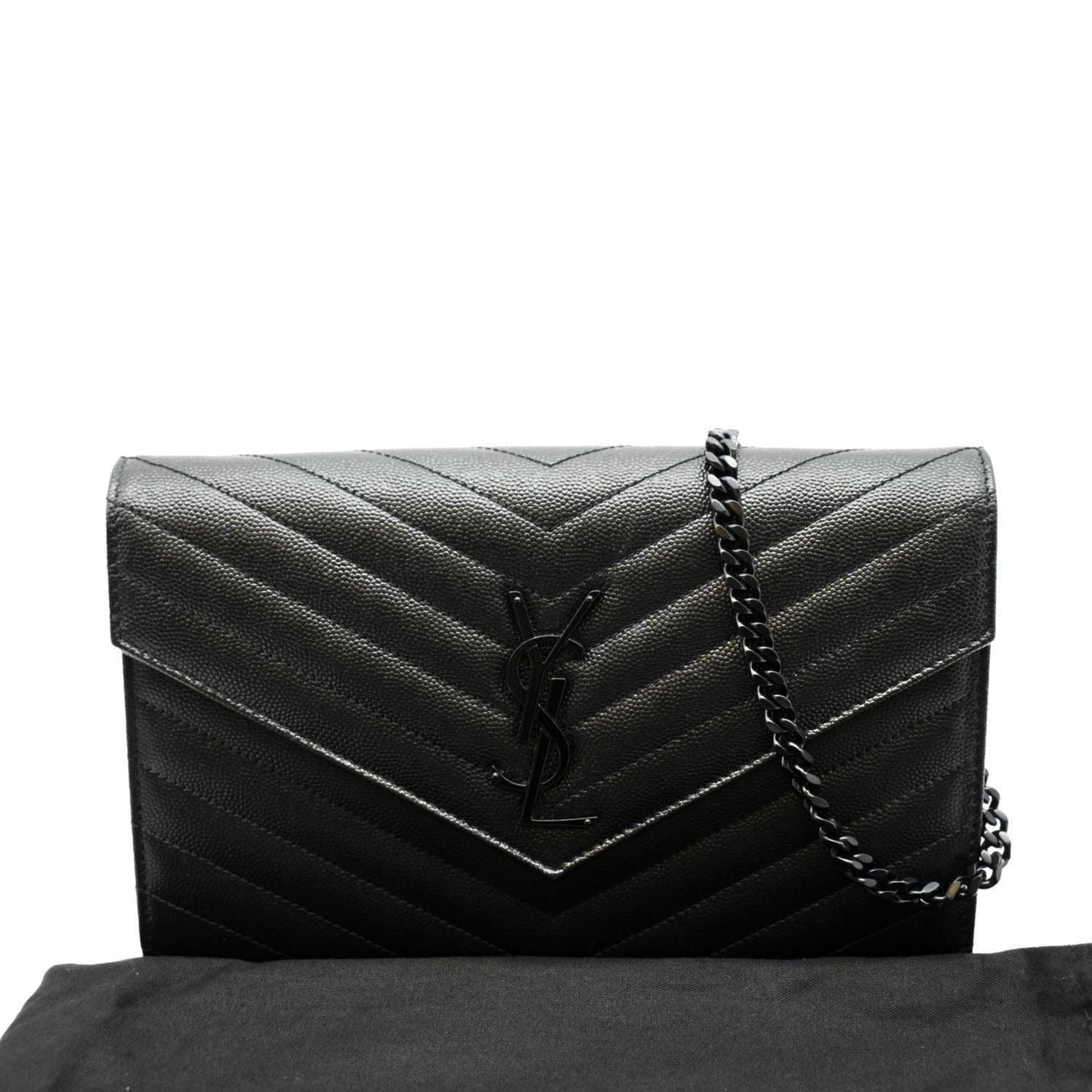 YVES SAINT LAURENT Cassandra Grain De Poudre Embossed Chain Wallet Black