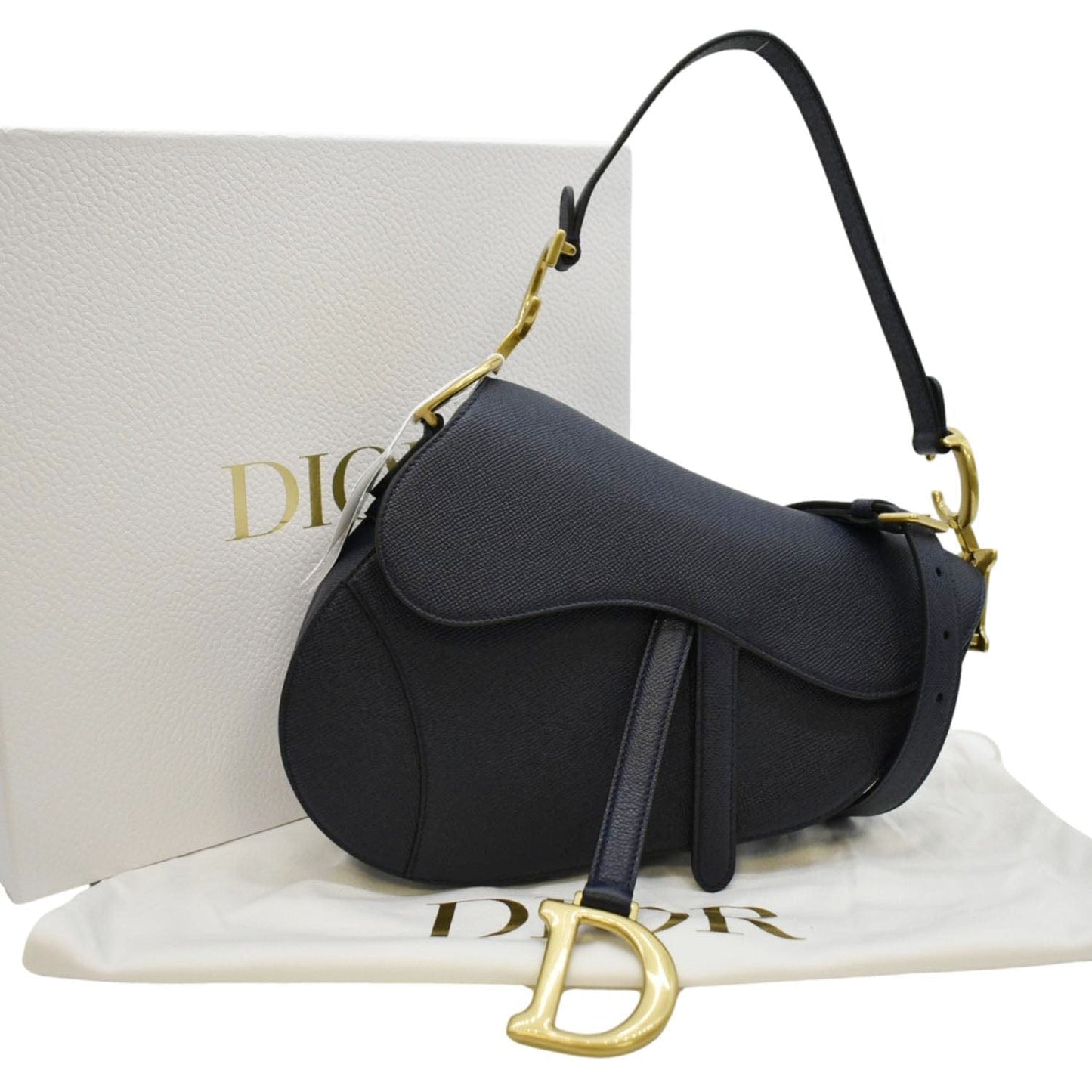 CHRISTIAN DIOR Saddle Grained Calfskin Leather Satchel Shoulder Bag Navy Blue