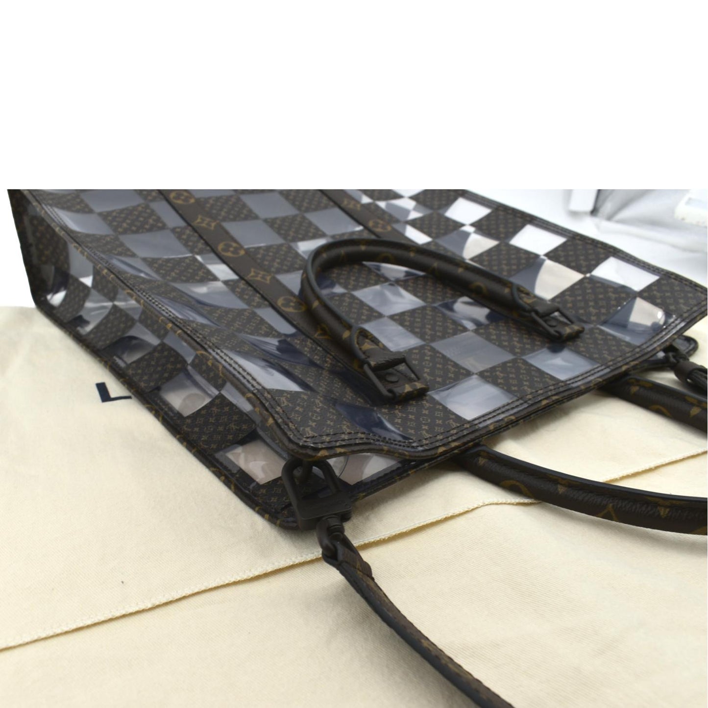 LOUIS VUITTON Sac Plat Chess PVC Monogram Coated Canvas Tote Shoulder Bag Brown