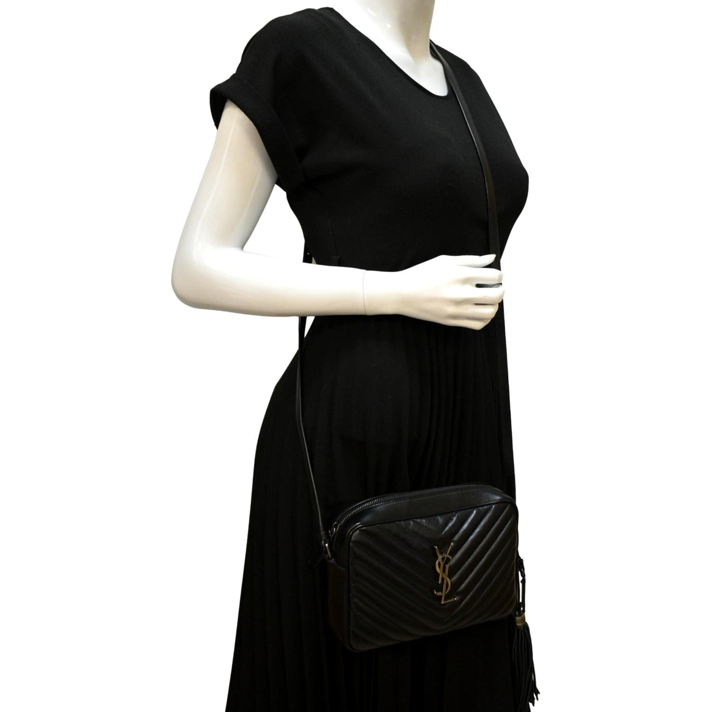 YVES SAINT LAURENT Lou Chevron Leather Camera Crossbody Bag Black