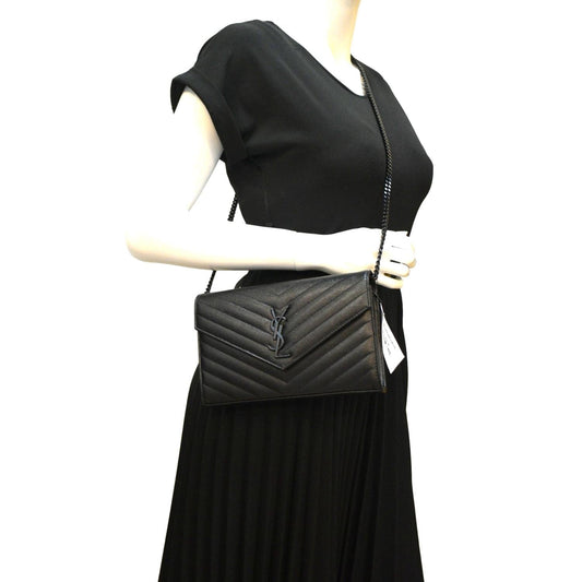 YVES SAINT LAURENT Cassandra Grain De Poudre Embossed Chain Wallet Black