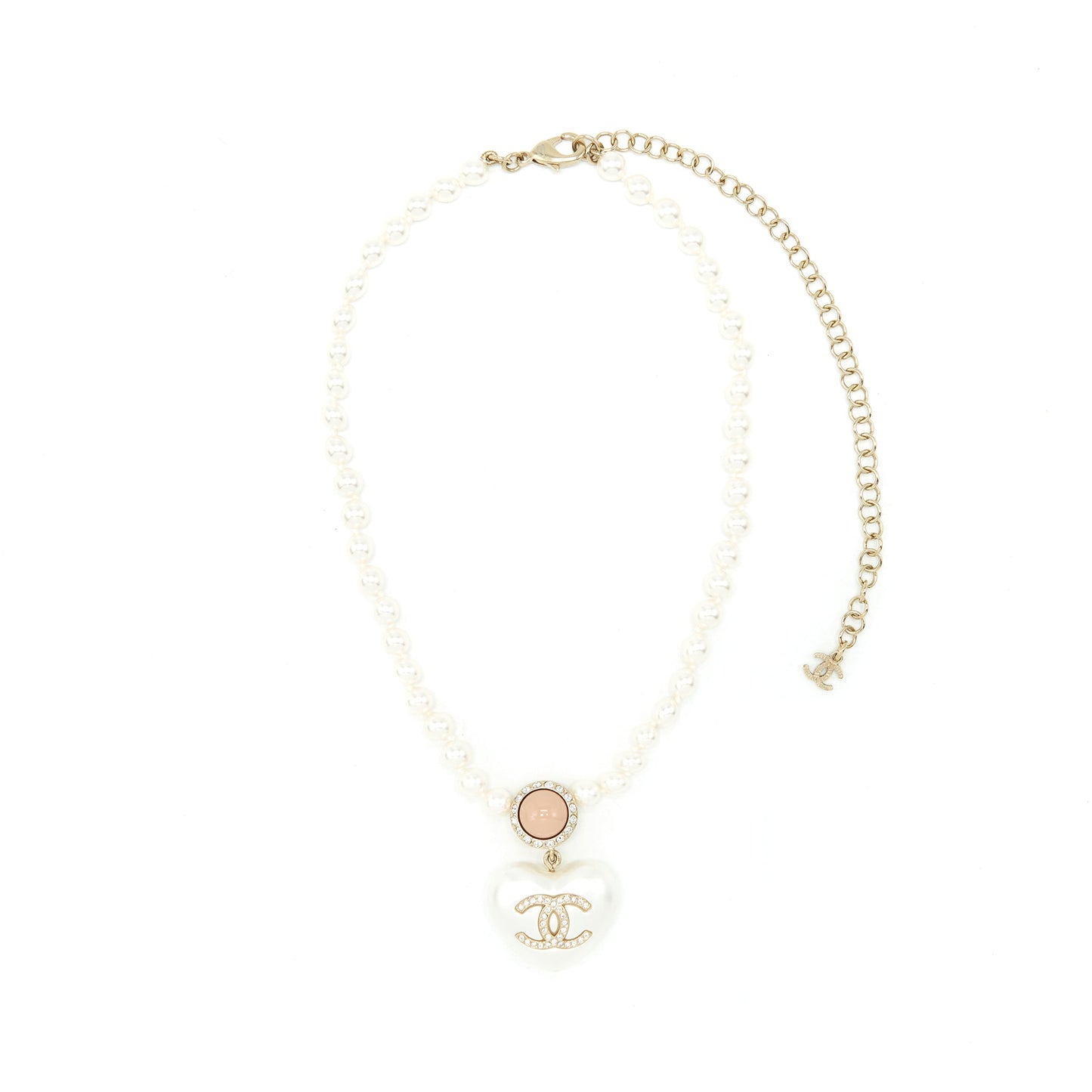 Chanel Pearl Necklace With Heart Pearl Crystal CC Logo L