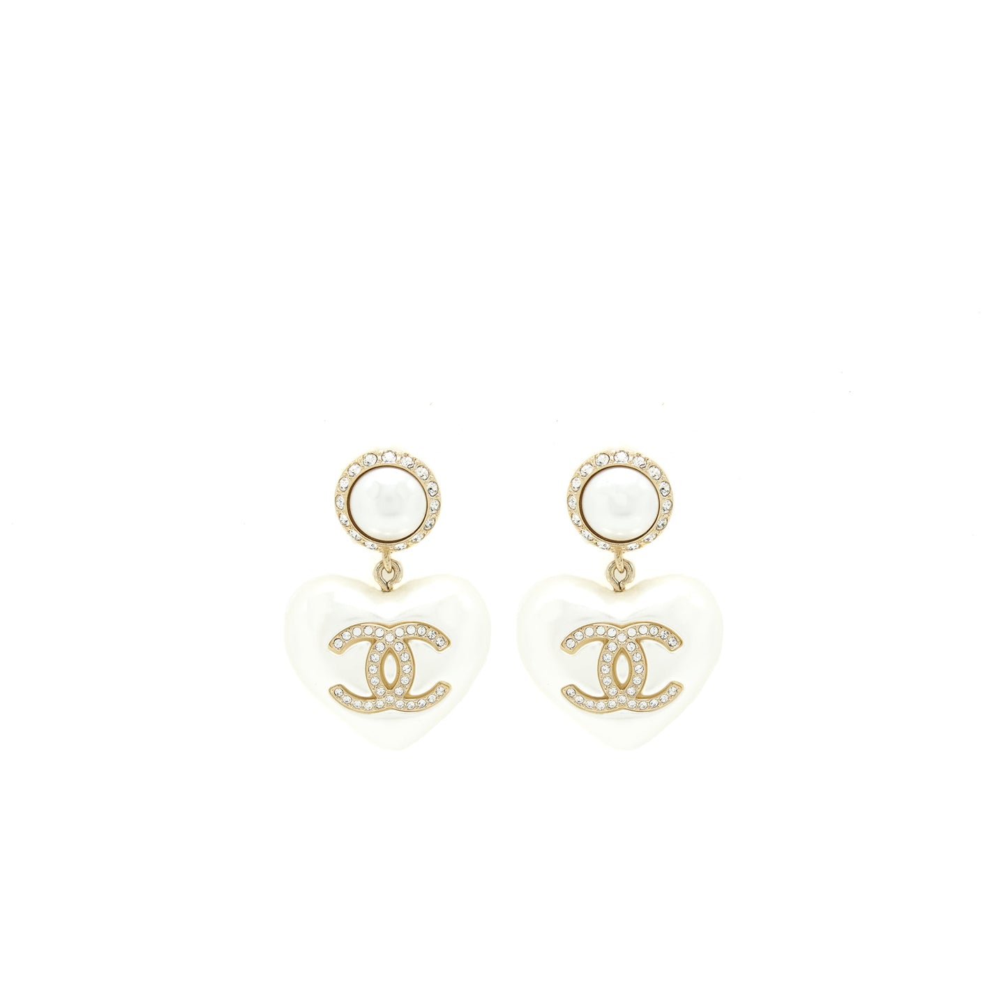 Chanel Heart Pearl Crystals CC Logo Earrings L