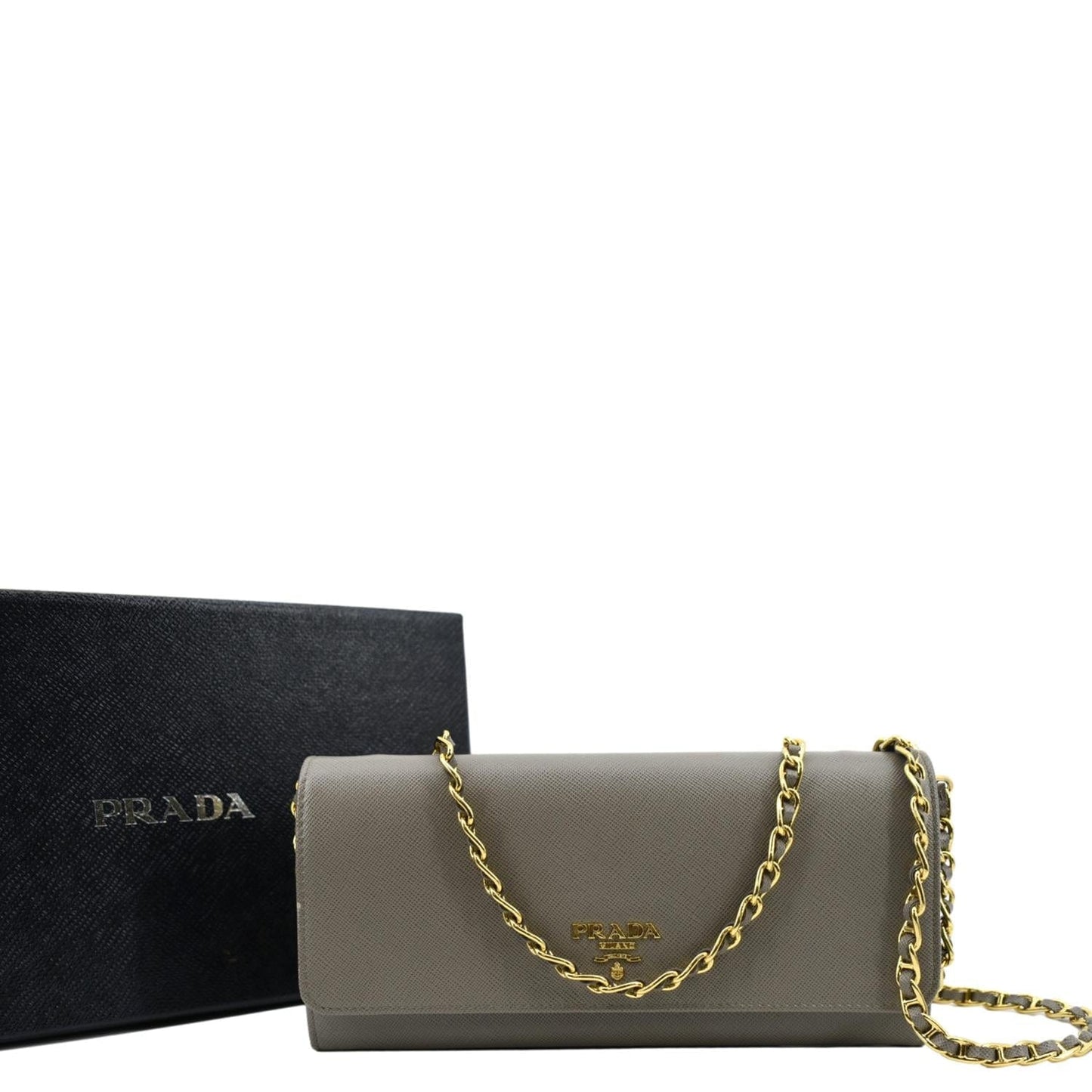 PRADA Saffiano Leather Wallet on Chain Clutch Crossbody Bag Argilla 1mt290
