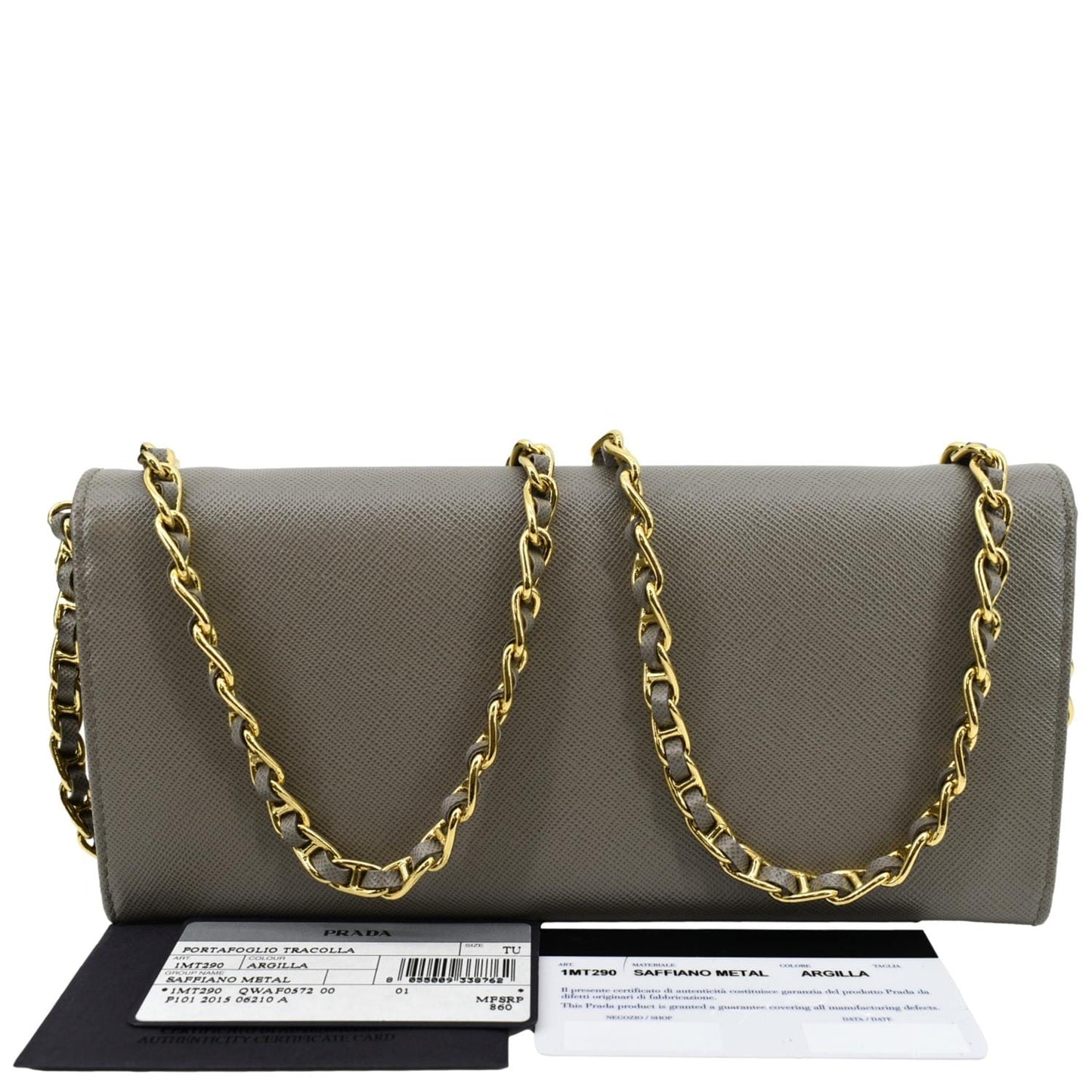 PRADA Saffiano Leather Wallet on Chain Clutch Crossbody Bag Argilla 1mt290