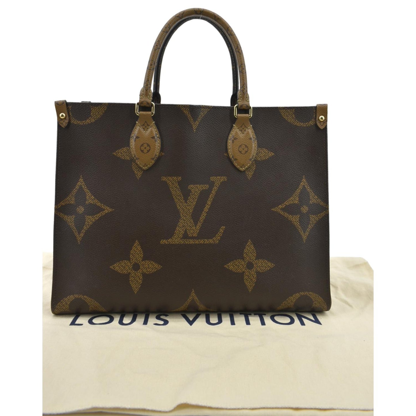 LOUIS VUITTON Onthego MM Giant Monogram Reverse Canvas Tote Shoulder Bag Brown
