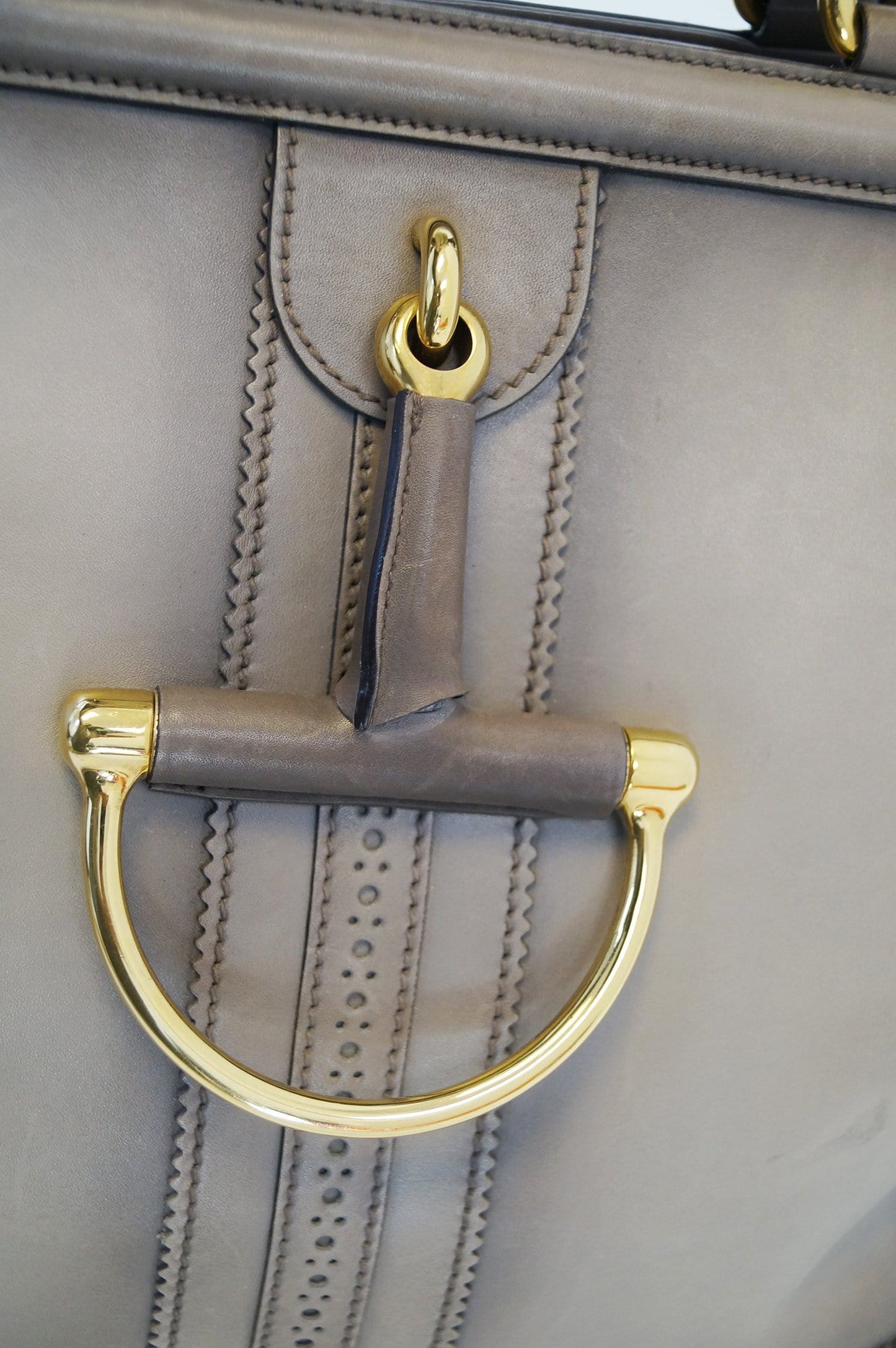 GUCCI Fango Leather Duilio Brogue Taupe Top Handle Bag