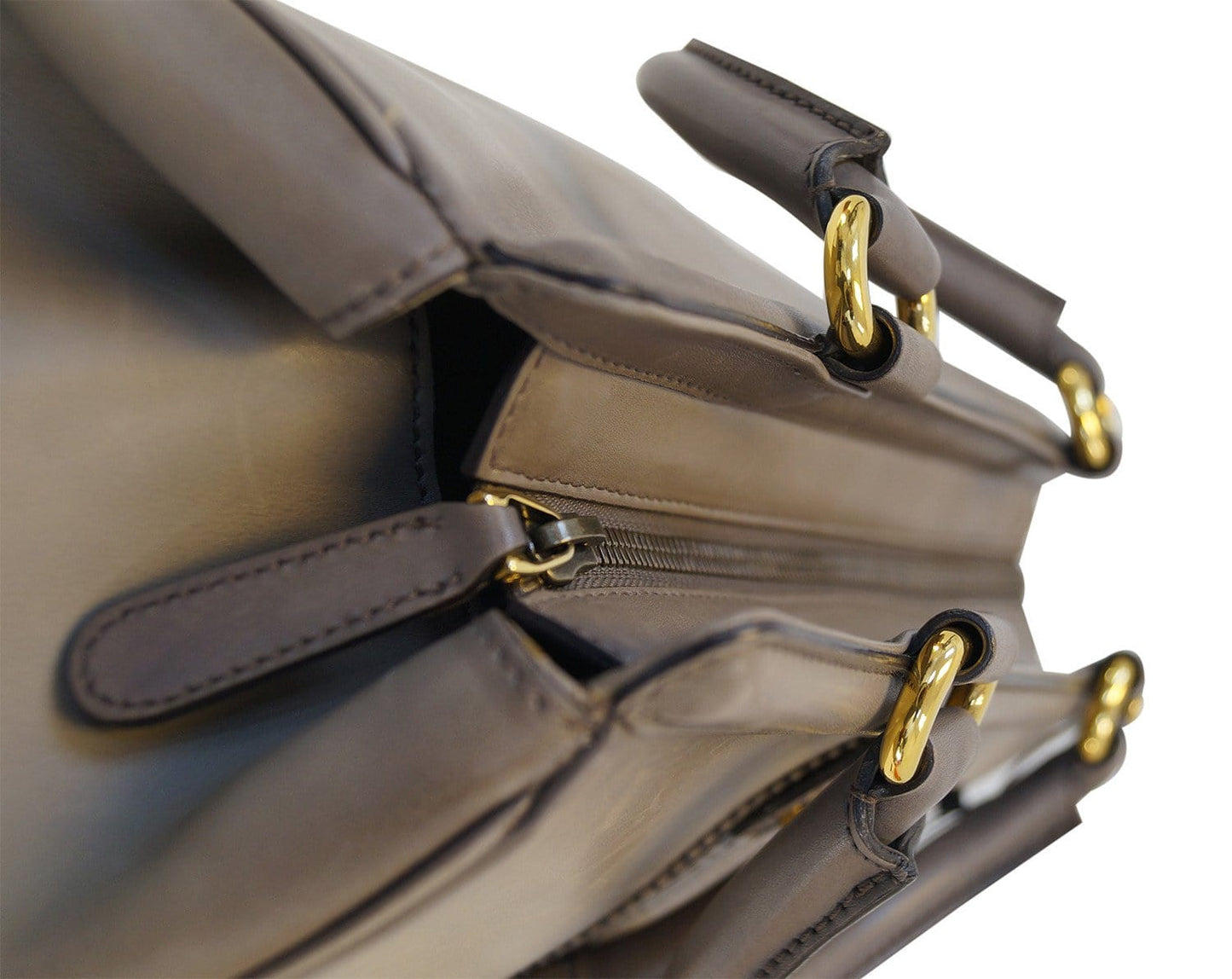 GUCCI Fango Leather Duilio Brogue Taupe Top Handle Bag