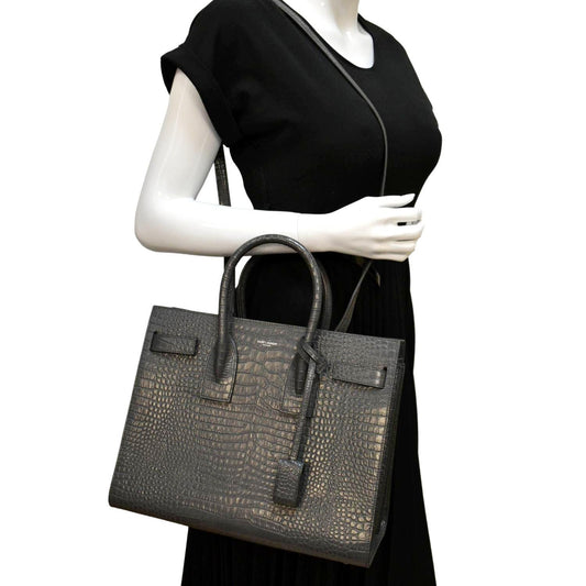 YVES SAINT LAURENT Sac de Jour Crocodile-Embossed Satchel Bag Grey