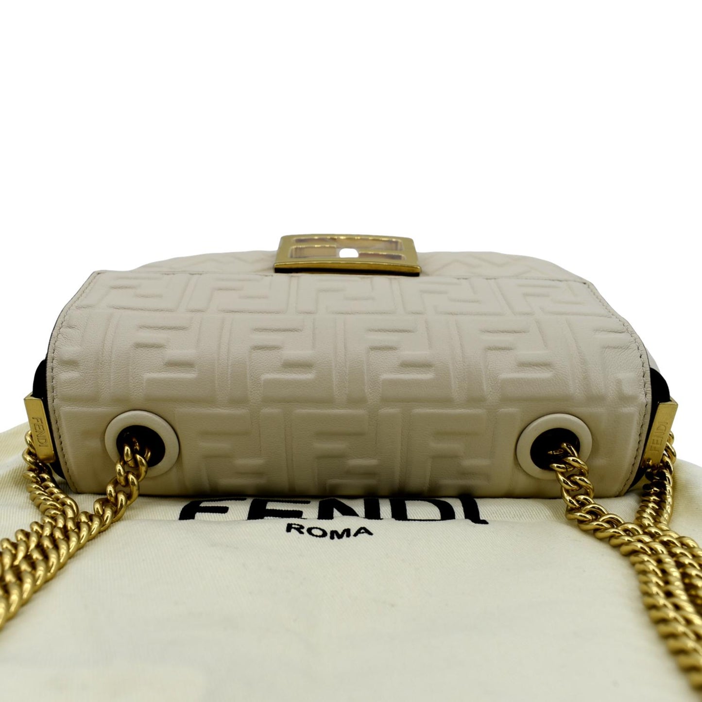 FENDI Baguette Leather Chain Shoulder Bag Light Beige