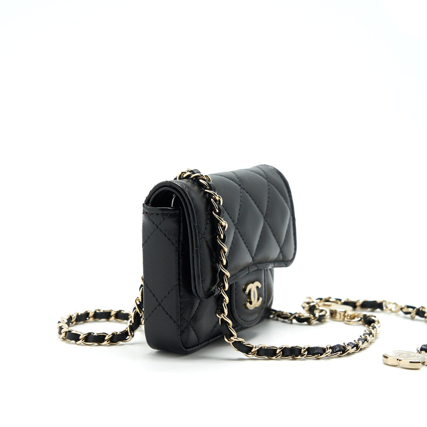 Chanel Flap Card Holder Belt Bag With Chain Lambskin Black L