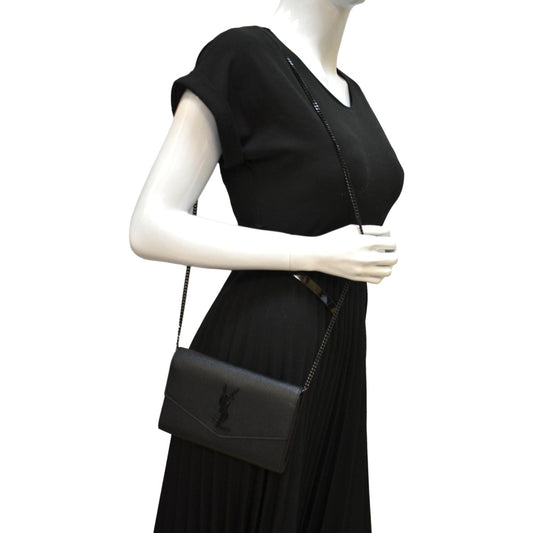 YVES SAINT LAURENT Flap Chain Grain De Poudre Leather Crossbody Bag Black