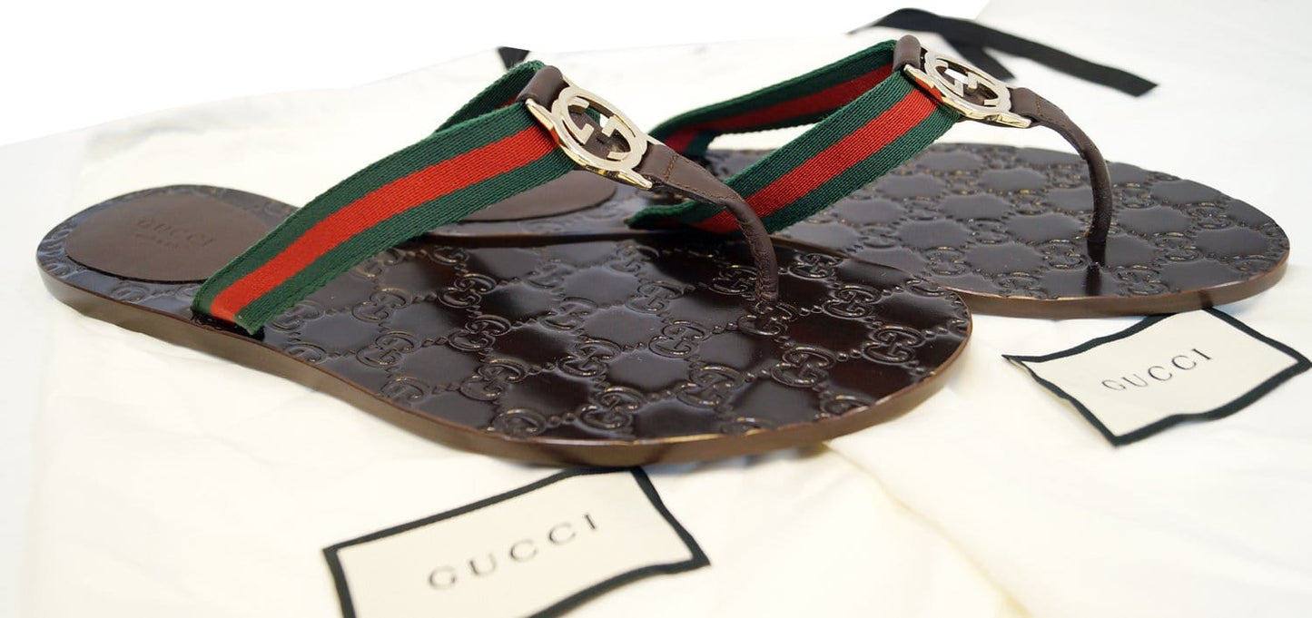 GUCCI Brown GG Thong Web Sandal Size 40.1/2 270374