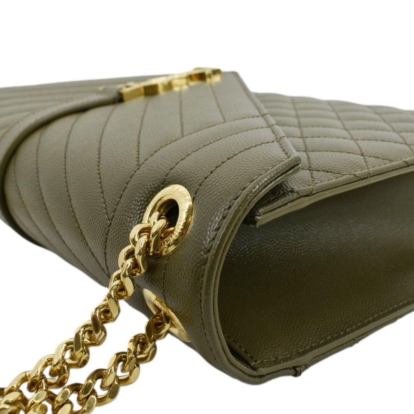 YVES SAINT LAURENT Large Envelope Flap Matelasse Leather Shoulder Bag Khaki Green