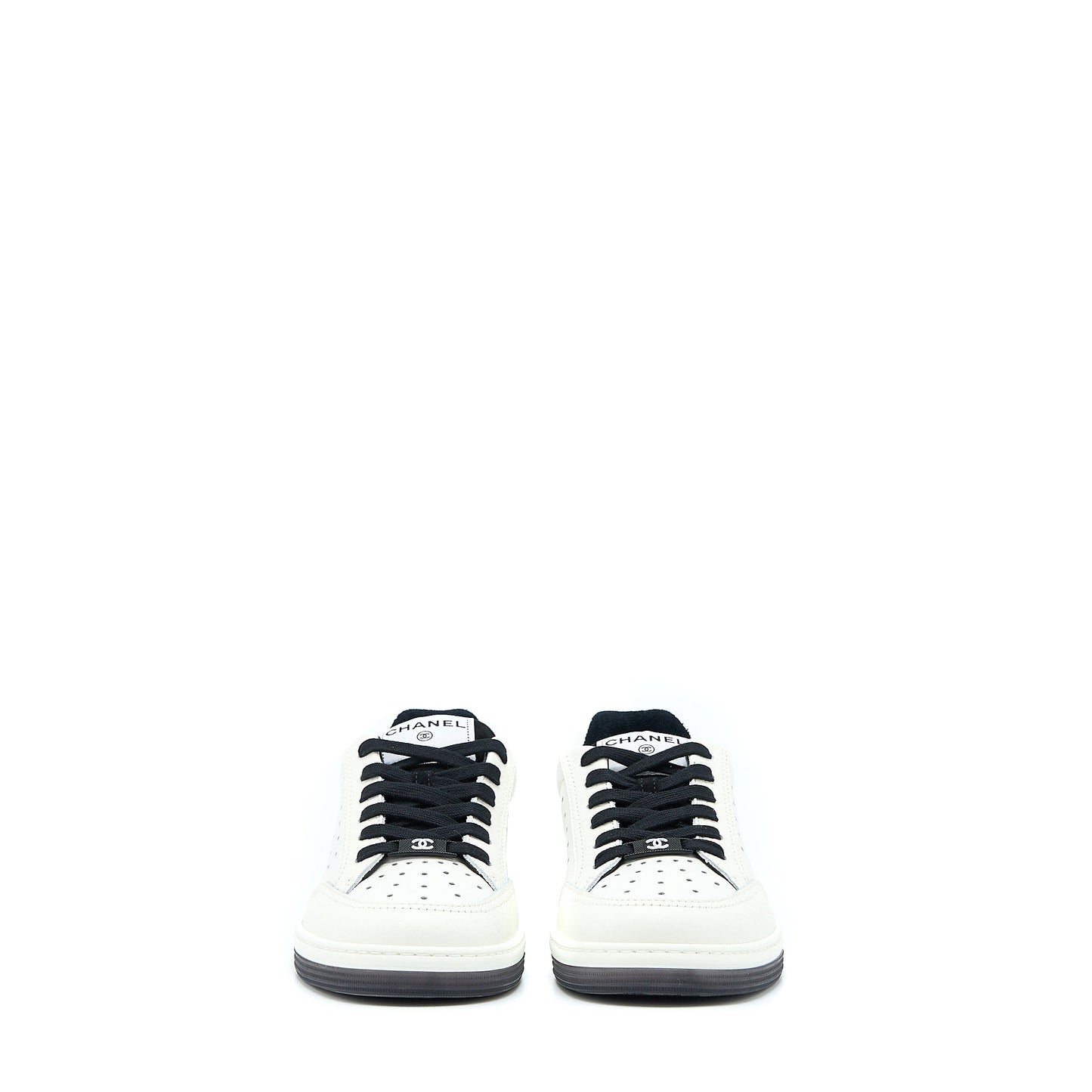 Chanel Size 37.5 Letter/CC Logo Sneaker Calfskin Black/White