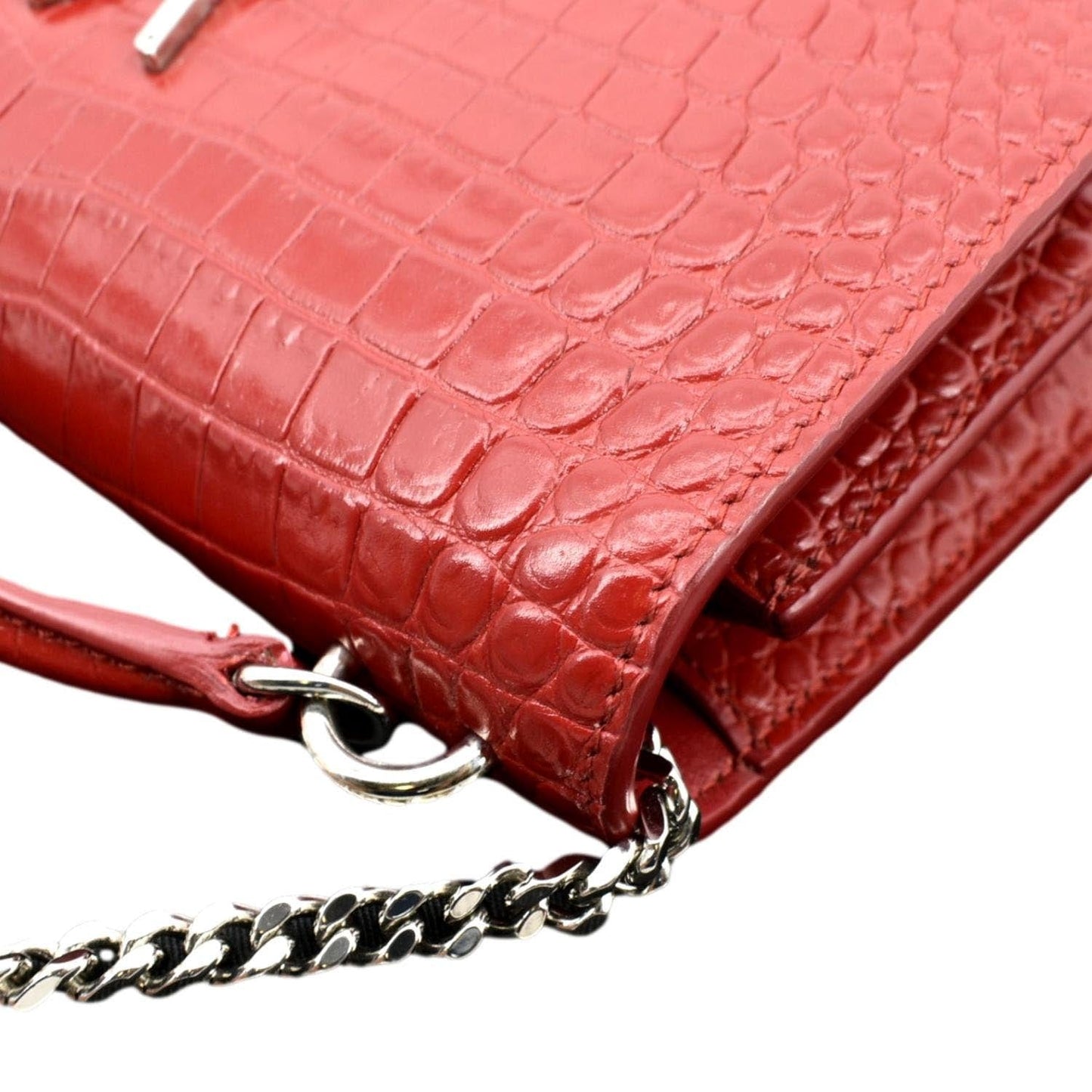 YVES SAINT LAURENT Sunset Crocodile Embossed Leather Crossbody Bag Red