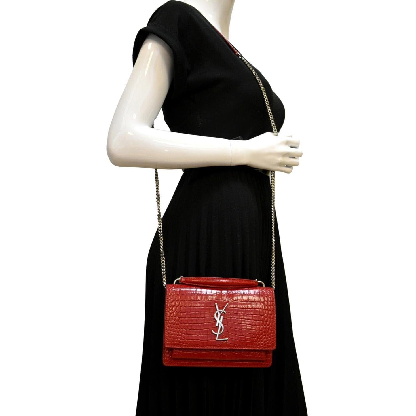 YVES SAINT LAURENT Sunset Crocodile Embossed Leather Crossbody Bag Red