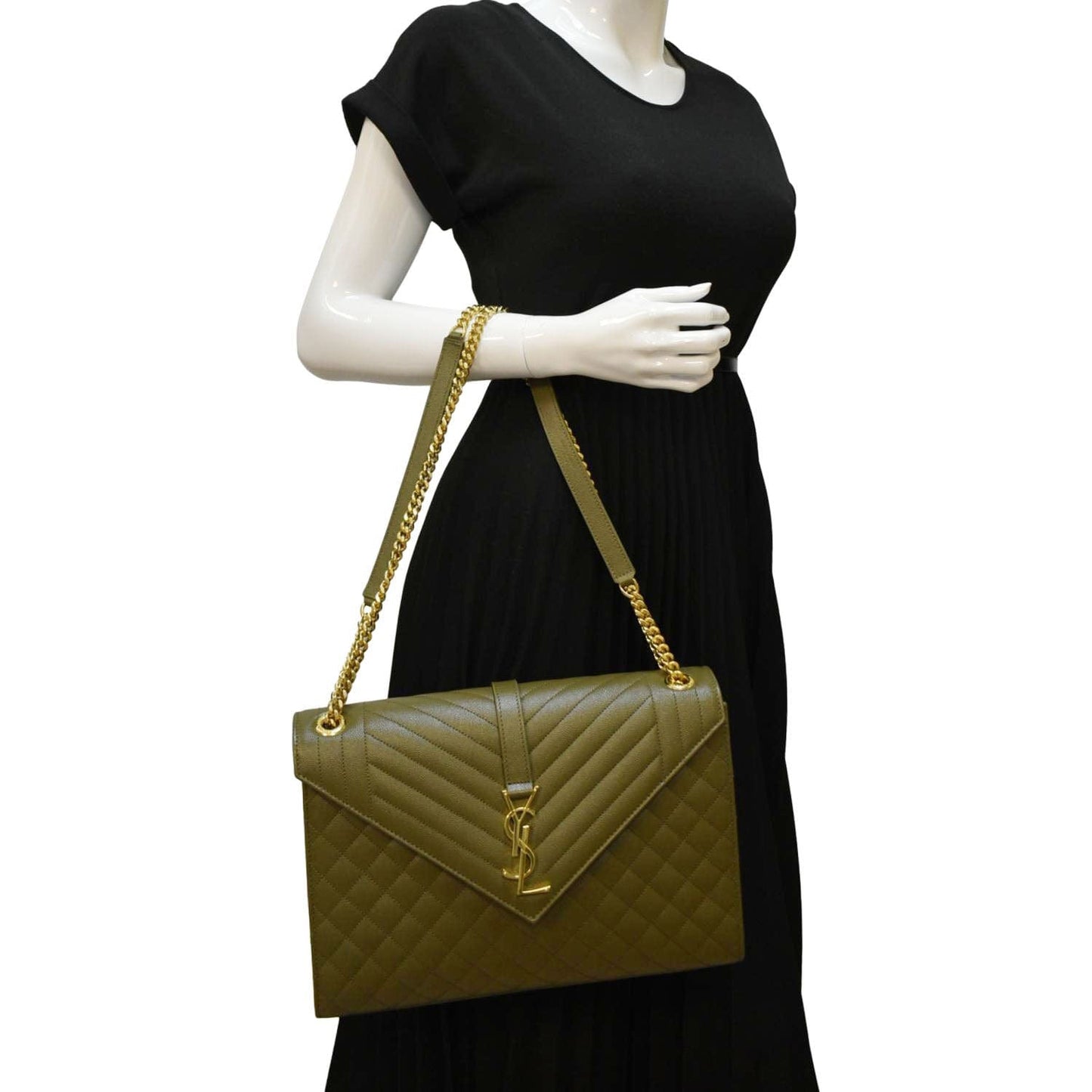 YVES SAINT LAURENT Large Envelope Flap Matelasse Leather Shoulder Bag Khaki Green