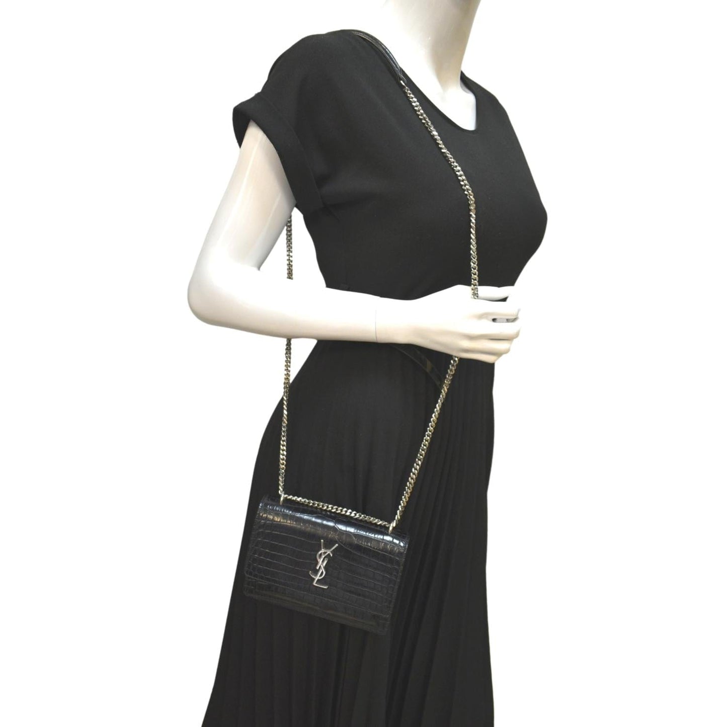 YVES SAINT LAURENT Sunset Crocodile Leather Crossbody Bag Black