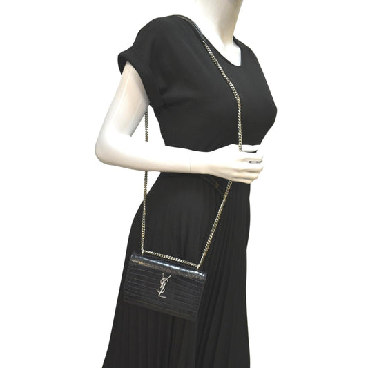 YVES SAINT LAURENT Sunset Crocodile Leather Crossbody Bag Black