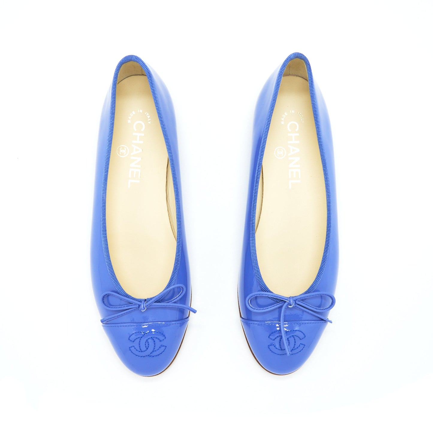 Chanel Size 37 Cap Toe Ballerina Flats Patent Calfskin Blue
