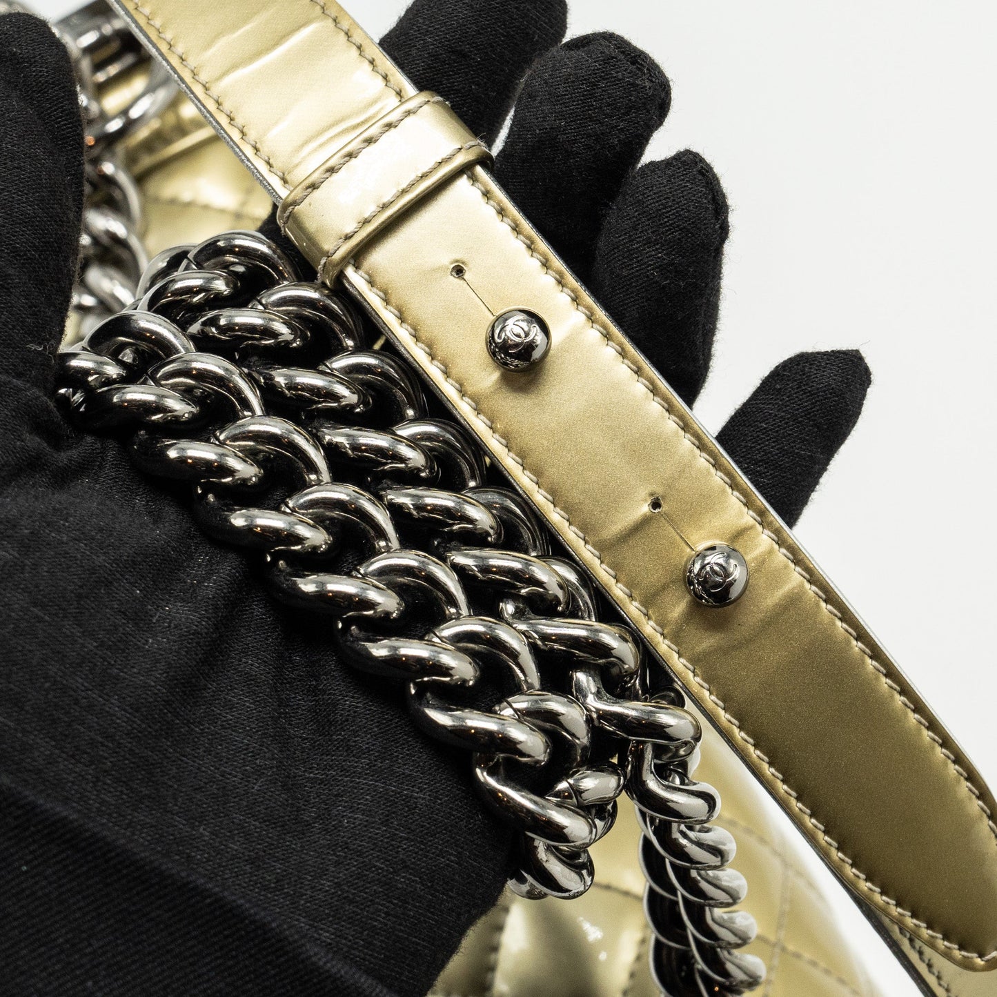 Chanel medium boy bag patent light gold / silver