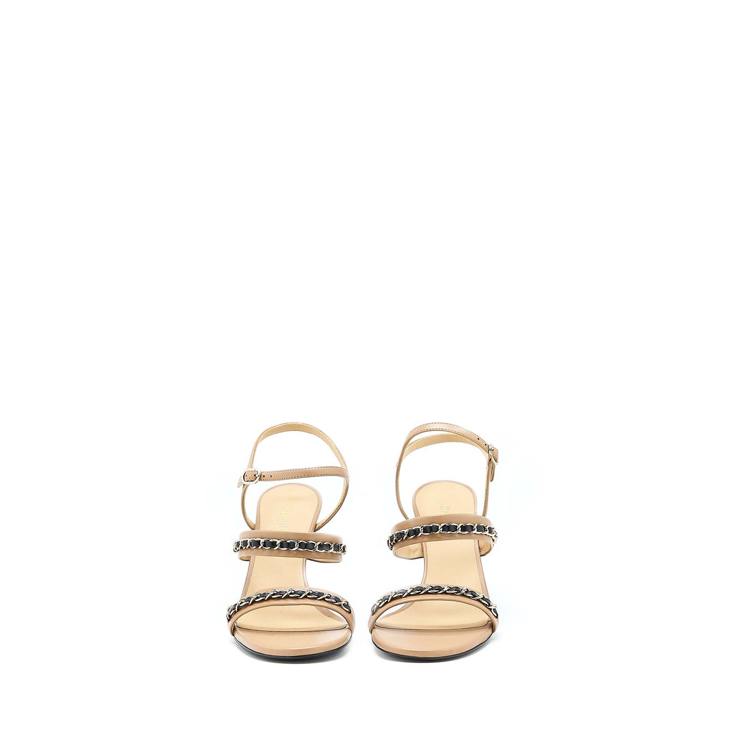 Chanel Size 38 Leather Chains Heel Sandals Lambskin Beige/Black L