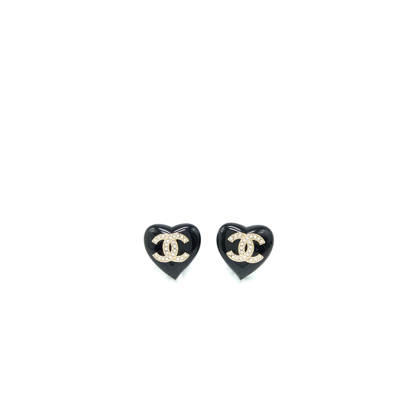 Chanel Heart Shape CC Logo Earrings Crystal Black Light Gold Tone